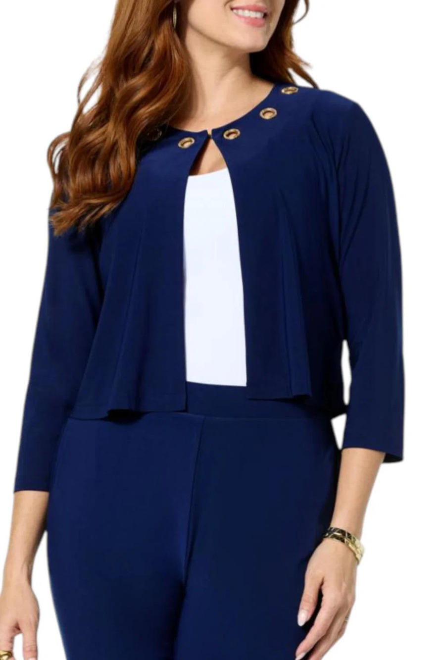 Antthony Women's Embellished Grommet Neck 3/4 Sleeve Bolero Navy - Regular
